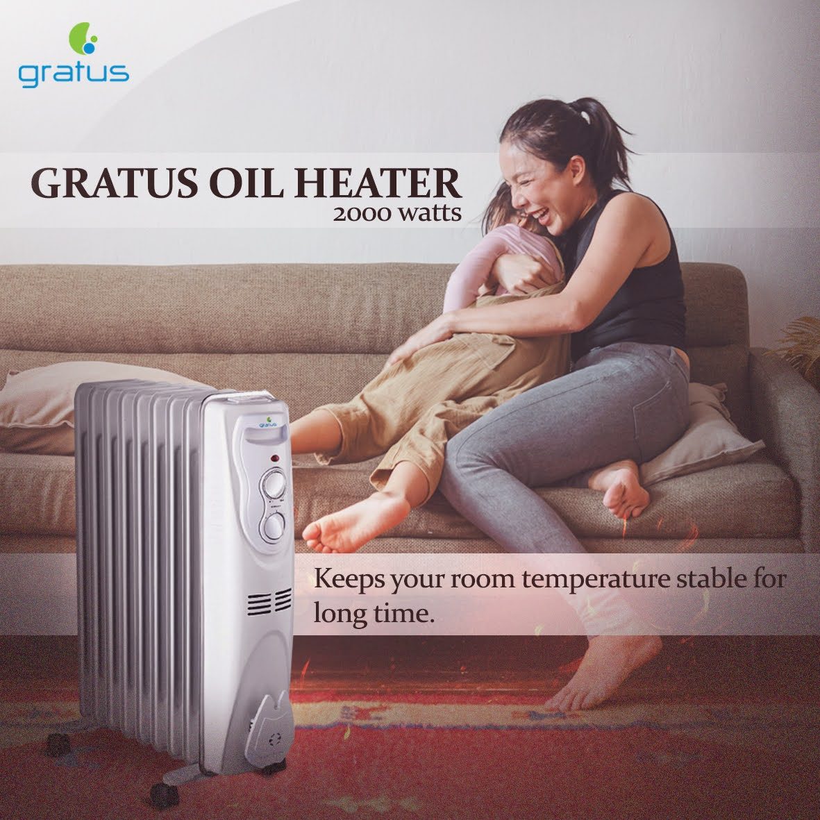 GRATUS 9 FINS OIL HEATER 2000W - With 3 Settings, Thermostat control, Tip Over protection, Pressure tested, 1 year warranty WHITE, Model- GOH0920TC