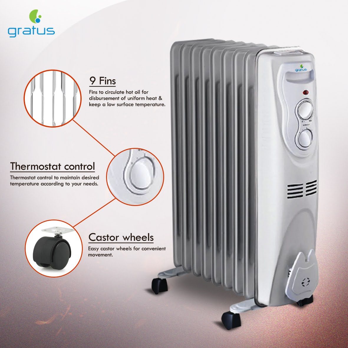 GRATUS 9 FINS OIL HEATER 2000W - With 3 Settings, Thermostat control, Tip Over protection, Pressure tested, 1 year warranty WHITE, Model- GOH0920TC