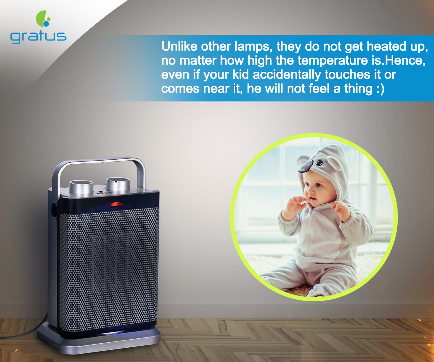 Gratus Electric PTC Fan Heater With 2 Heat settings:1000/1800W, Safety Cut off, PTC Ceramic, Thermostat control, 1 Year Warranty, Model- GPFH1802TC