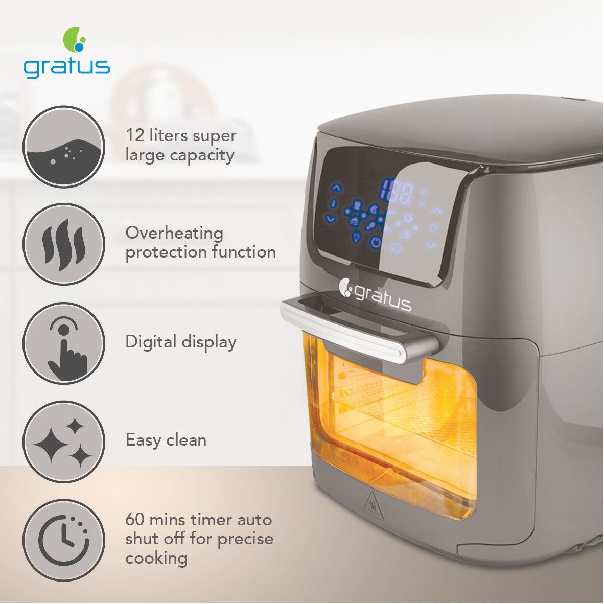 Gratus Digital 12L Air Fryer 1800W, 1 Year warranty, Model- GR-A650DTTB