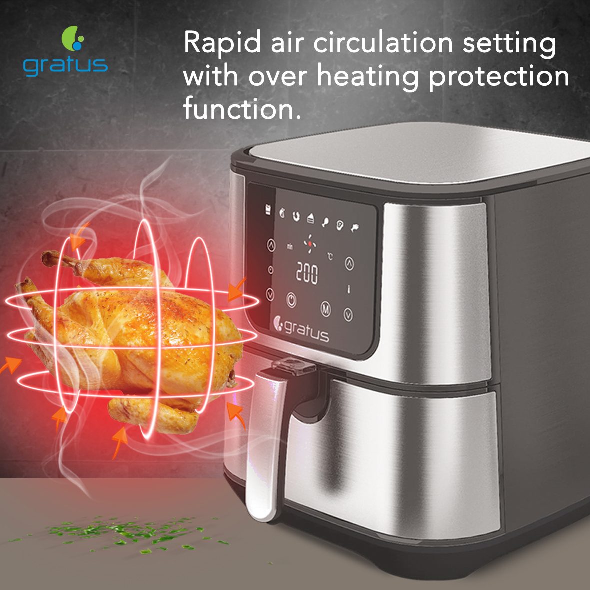Gratus Digital 12L Air Fryer 1800W, 1 Year warranty, Model- GR-A650DTTB