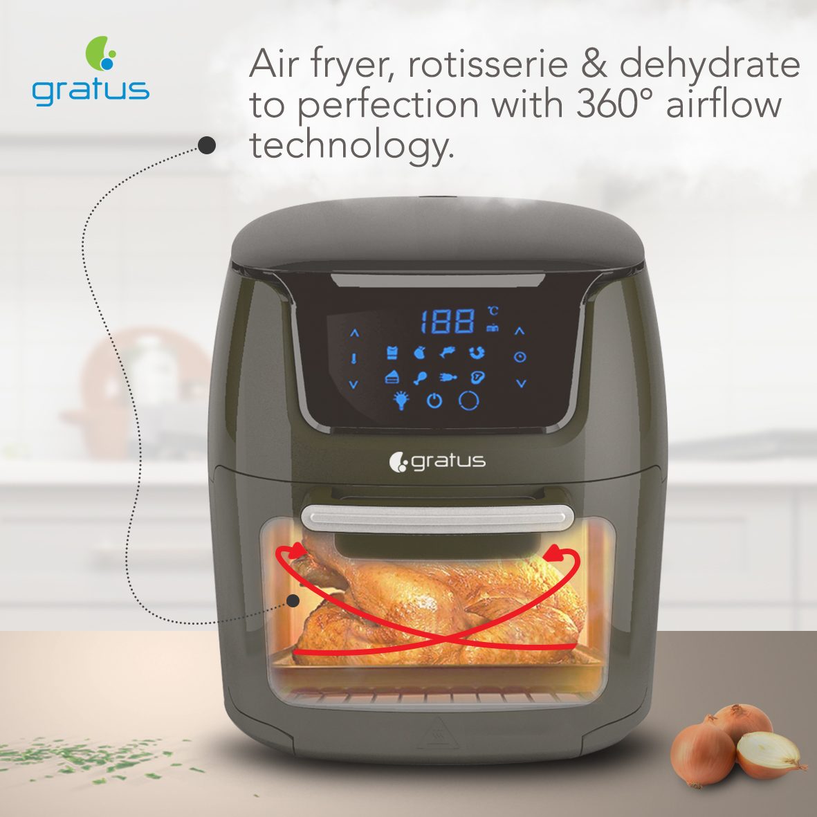 Gratus Digital 12L Air Fryer 1800W, 1 Year warranty, Model- GR-A650DTTB
