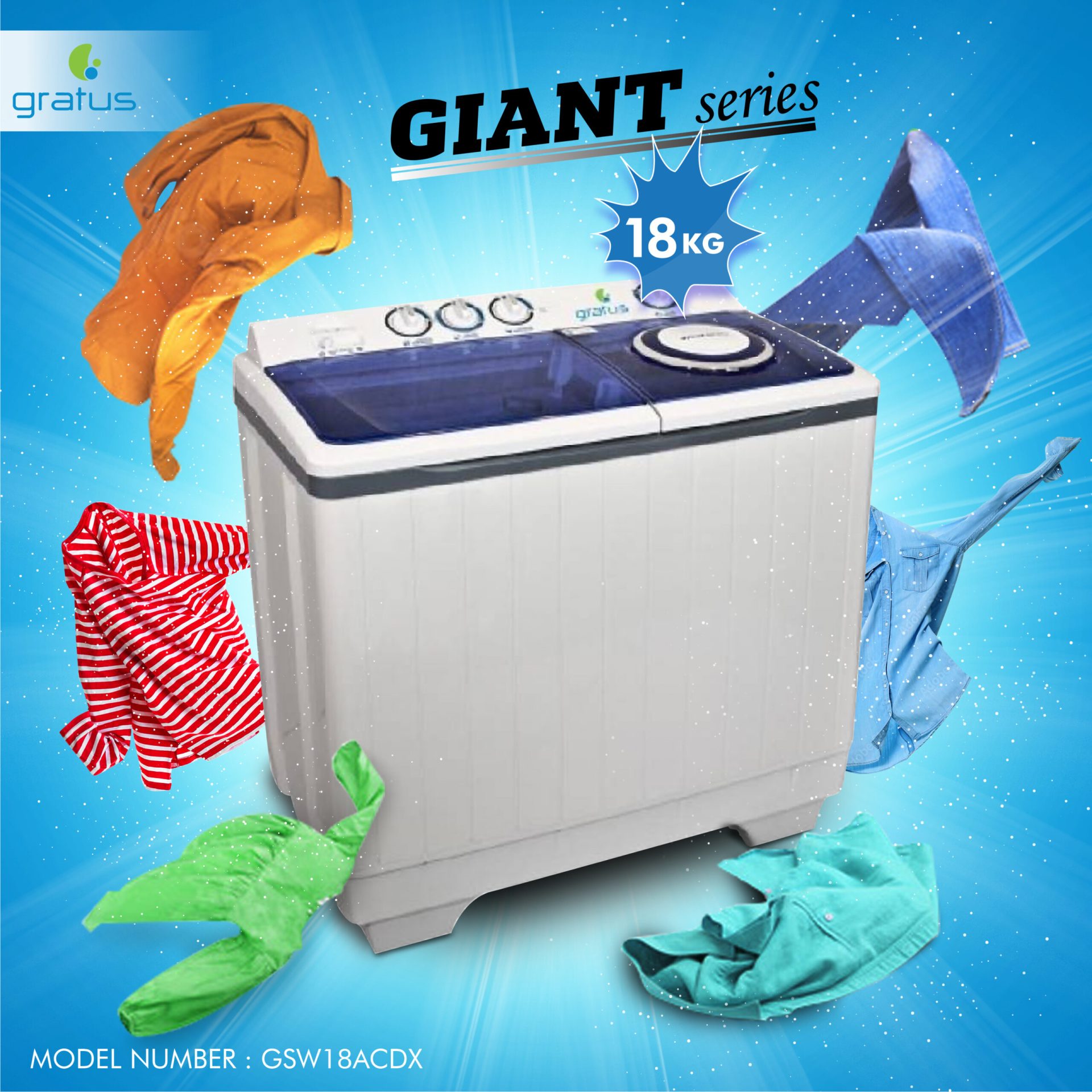 Gratus Giant Series 18Kg Semi Automatic, Model- GSW18ACDX