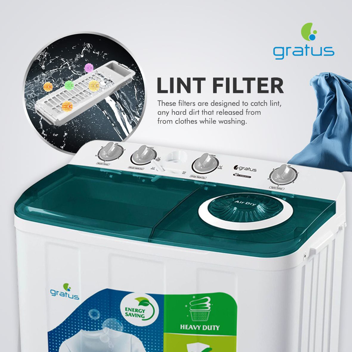 Gratus 12 KG Top Load Semi-Automatic Washing Machine (White), with Lint Filter, Spin-Dry, Model -GSWM12KCDX1