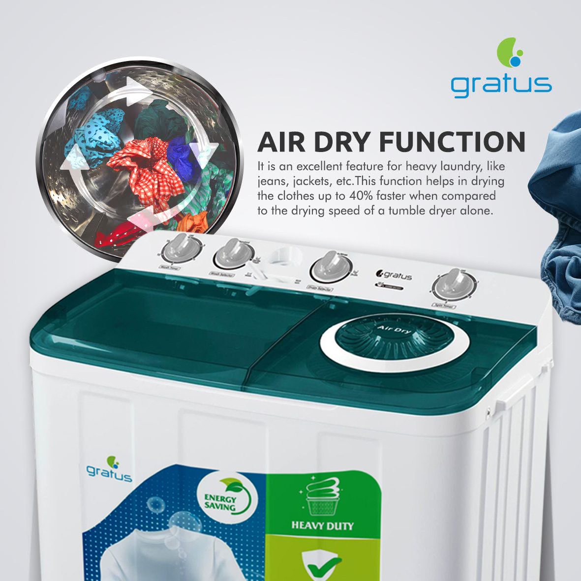 Gratus 12 KG Top Load Semi-Automatic Washing Machine (White), with Lint Filter, Spin-Dry, Model -GSWM12KCDX1