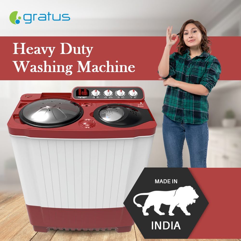 Gratus 10 KG Top Load Semi-Automatic Washing Machine (White/Maroon), with Lint Filter, Spin-Dry, Made in India, Model -GSWM100IVDX
