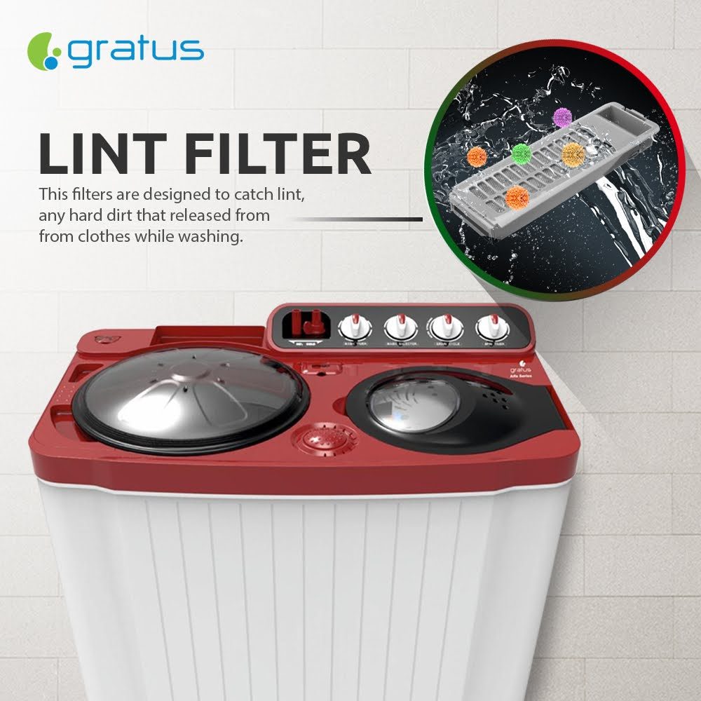 Gratus 10 KG Top Load Semi-Automatic Washing Machine (White/Maroon), with Lint Filter, Spin-Dry, Made in India, Model -GSWM100IVDX
