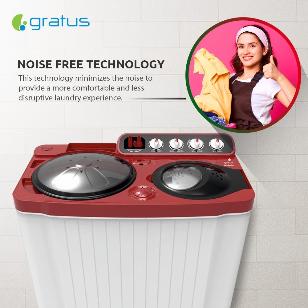 Gratus 10 KG Top Load Semi-Automatic Washing Machine (White/Maroon), with Lint Filter, Spin-Dry, Made in India, Model -GSWM100IVDX