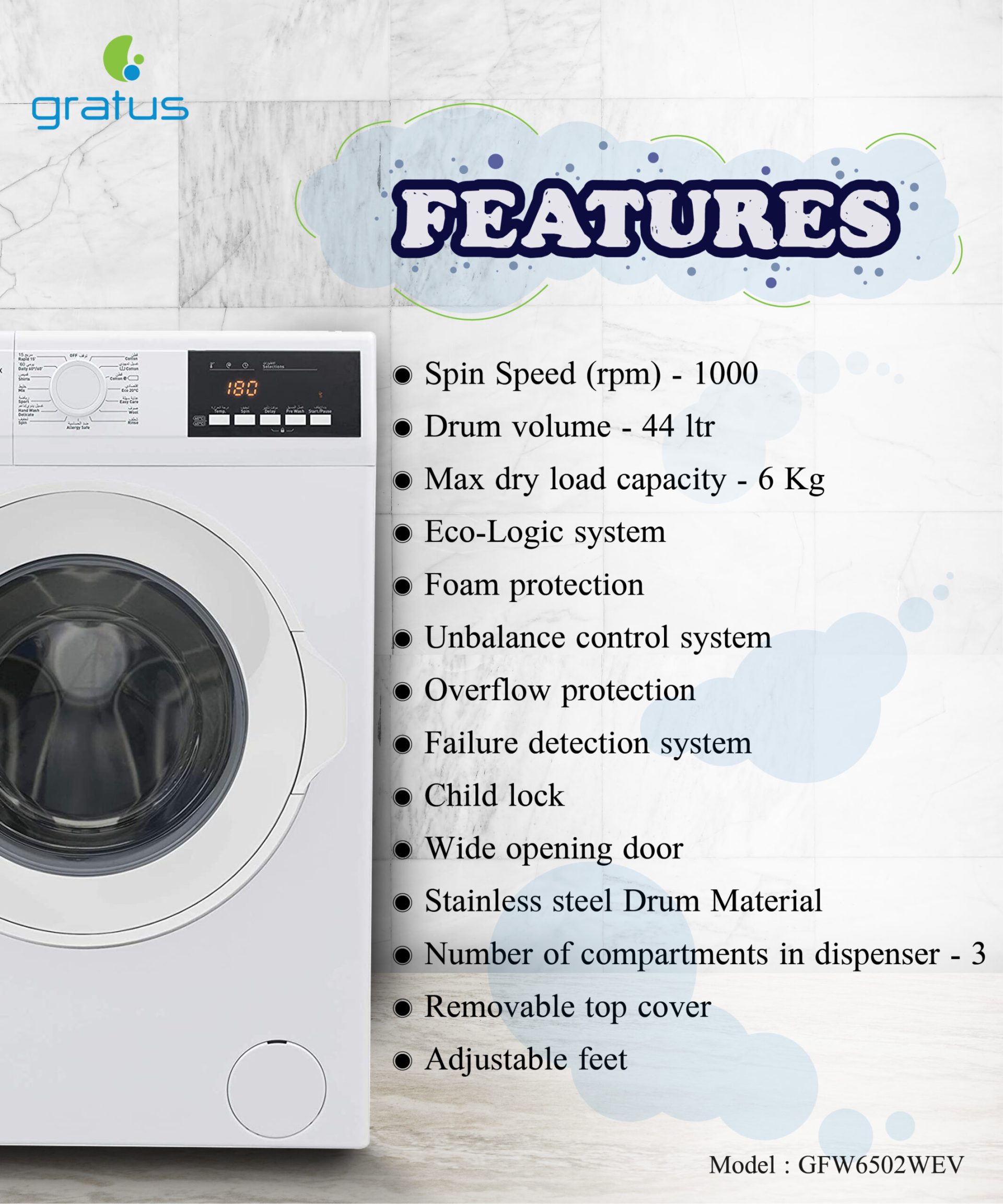 Gratus 6 Kg Front Load Washing Machine with 1000 RPM, Model- GFW6502WEVTX