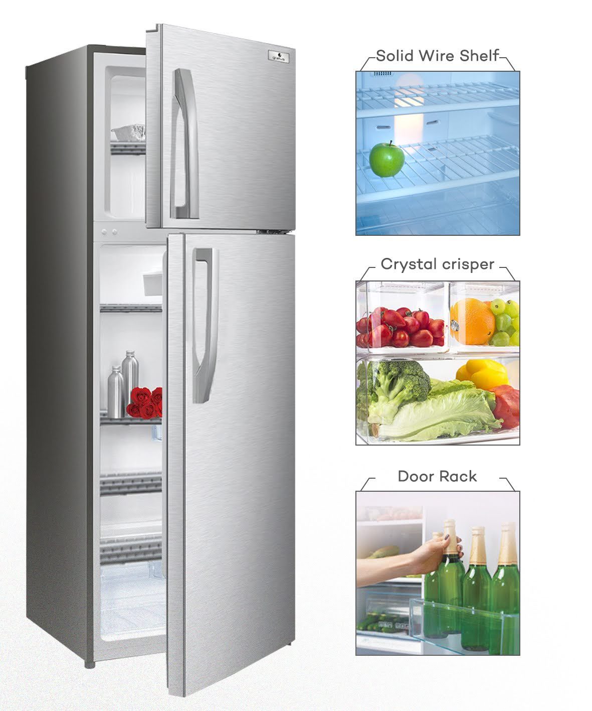 Gratus Top Mount Double Door Refrigerator, Fridge Freezer with humidity control, Active-C Fresh, Multi-Air Flow, Inox, Model-GRFDD461HCX1