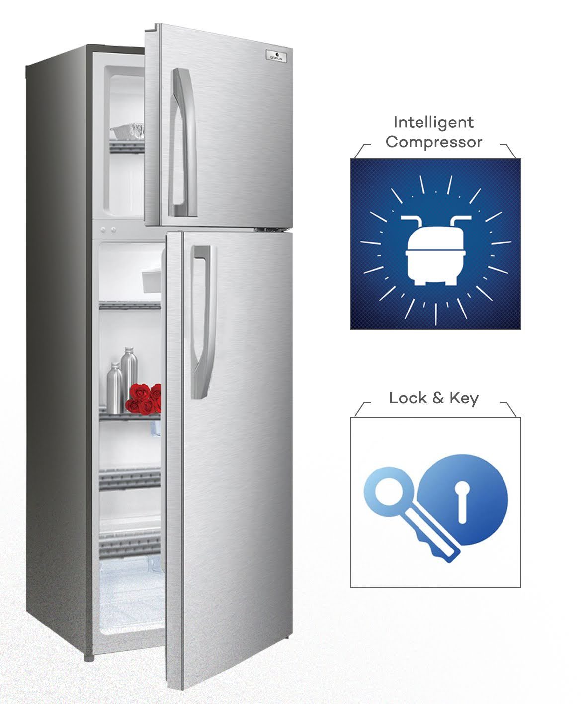 Gratus Top Mount Double Door Refrigerator, Fridge Freezer with humidity control, Active-C Fresh, Multi-Air Flow, Inox, Model-GRFDD461HCX1