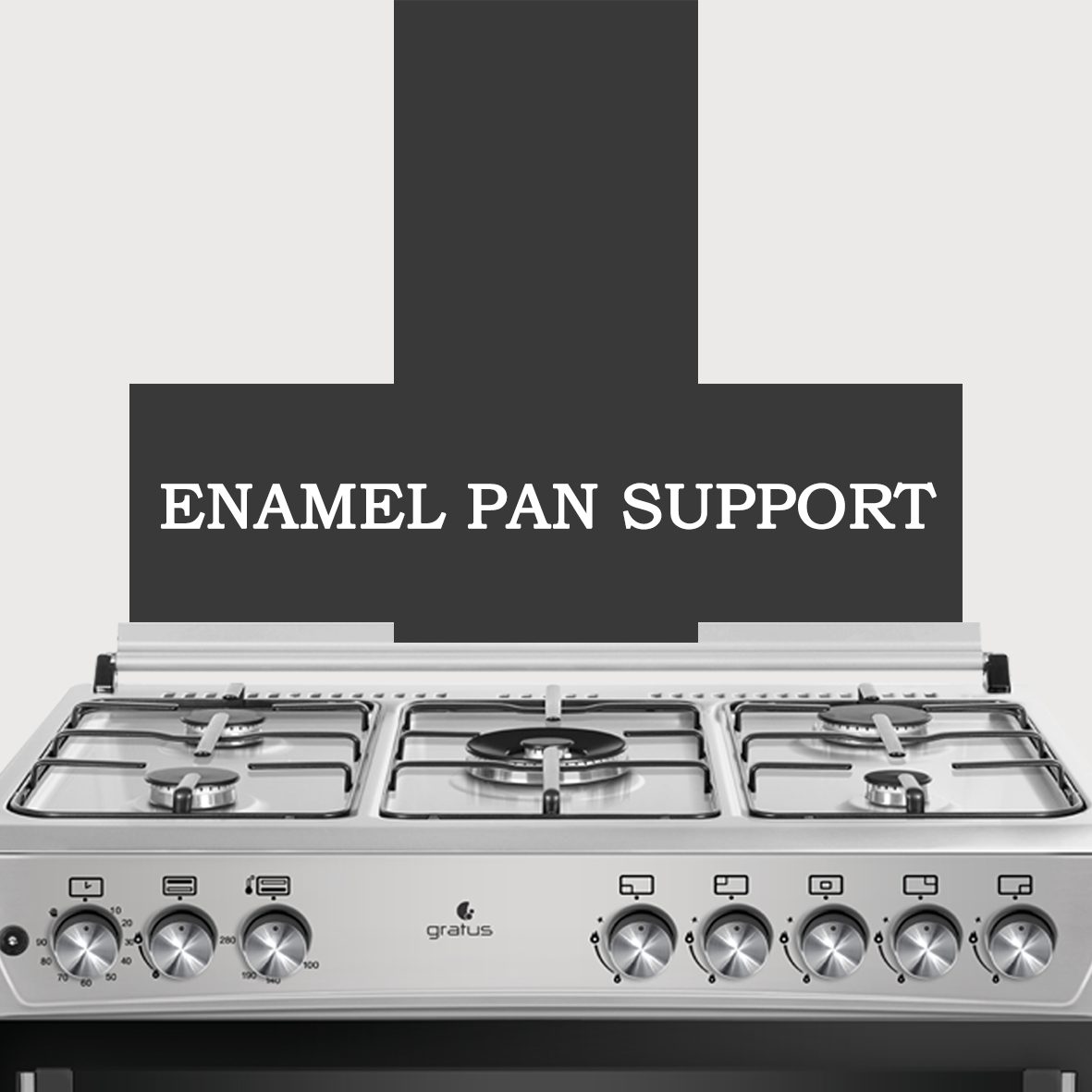 Gratus 90 X 60 cm Free Standing Full Safety Cooker, Made in Turkey, Top 5 Gas Pool Burners, Internal Cooling Fan System, Cast Iron, 1 year warranty, Model- GGR95FRTX