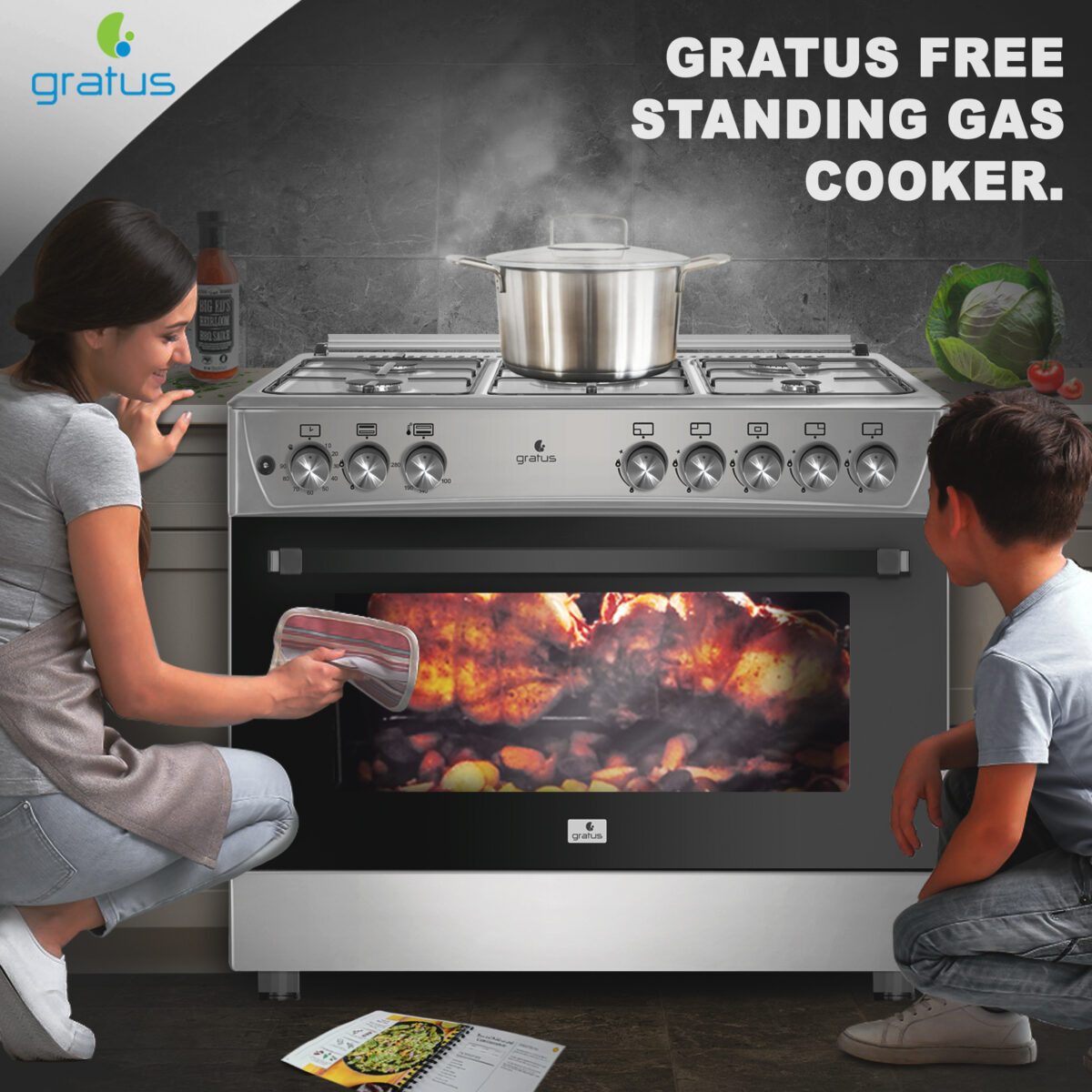 Gratus 90 X 60 cm Free Standing Full Safety Cooker, Made in Turkey, Top 5 Gas Pool Burners, Internal Cooling Fan System, Cast Iron, 1 year warranty, Model- GGR95FRTX