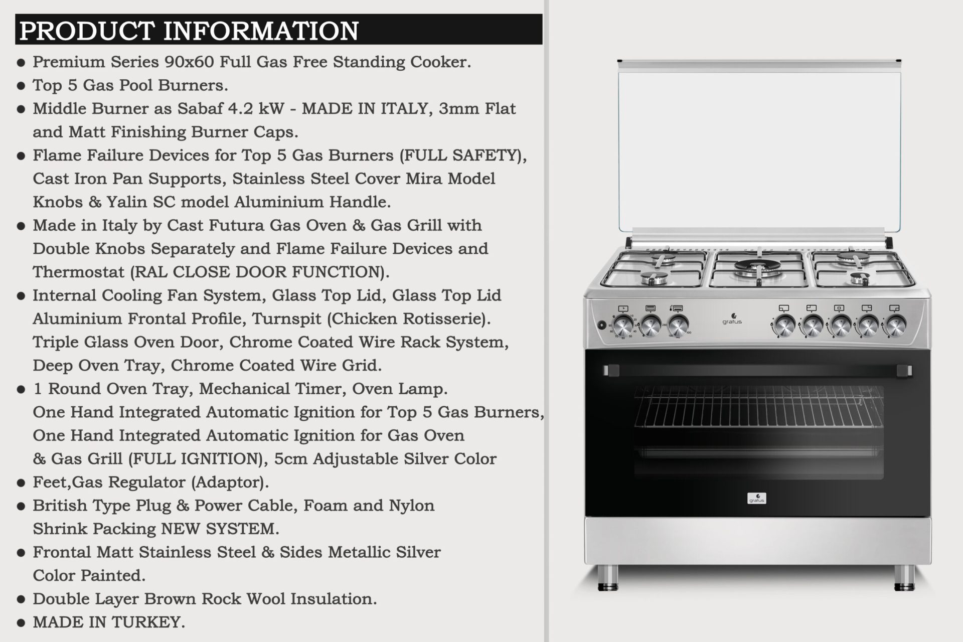 Gratus 90 X 60 cm Free Standing Full Safety Cooker, Made in Turkey, Top 5 Gas Pool Burners, Internal Cooling Fan System, Cast Iron, 1 year warranty, Model- GGR95FRTX