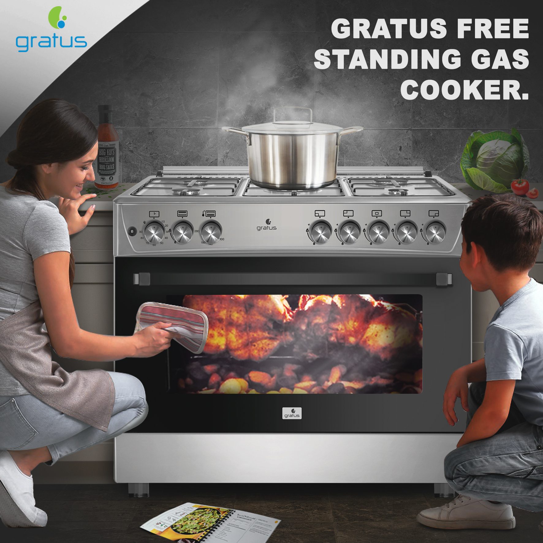 Gratus 90X60 (cm) 5 Burner Free Standing Gas Cooker with Oven, Cast Iron, 1-year warranty, Made in Turkey, Model - GGR965RTE