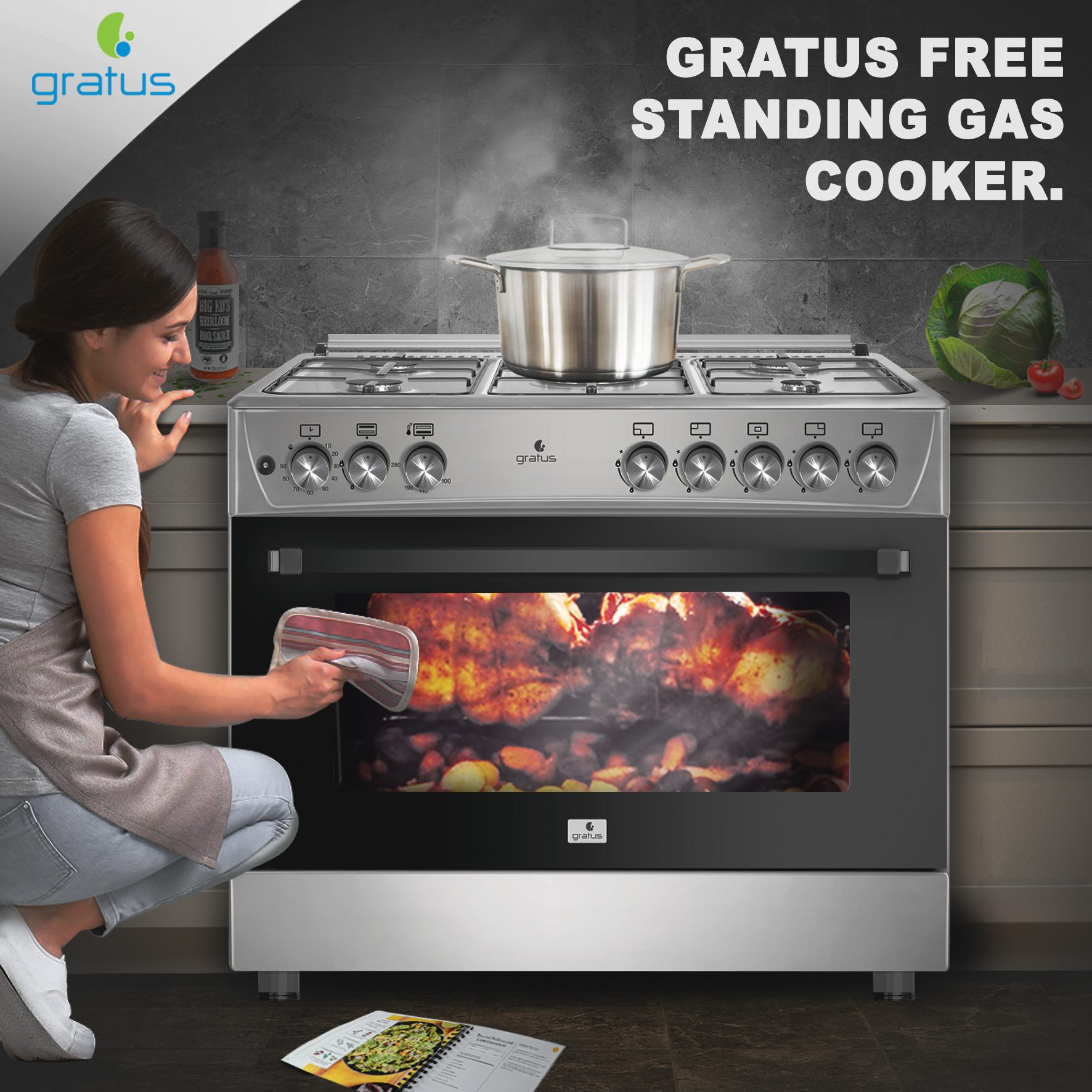 Gratus 90X60 (cm) 5 Burner Free Standing Gas Cooker with Oven, Cast Iron, 1-year warranty, Made in Turkey, Model - GGR965RTE