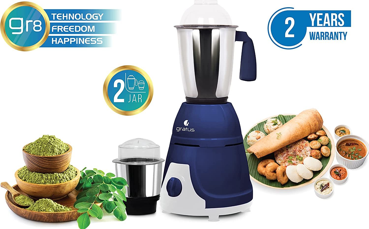 Gratus 600W Mixer Grinder - 2 Jars, Model- GMG6002TI