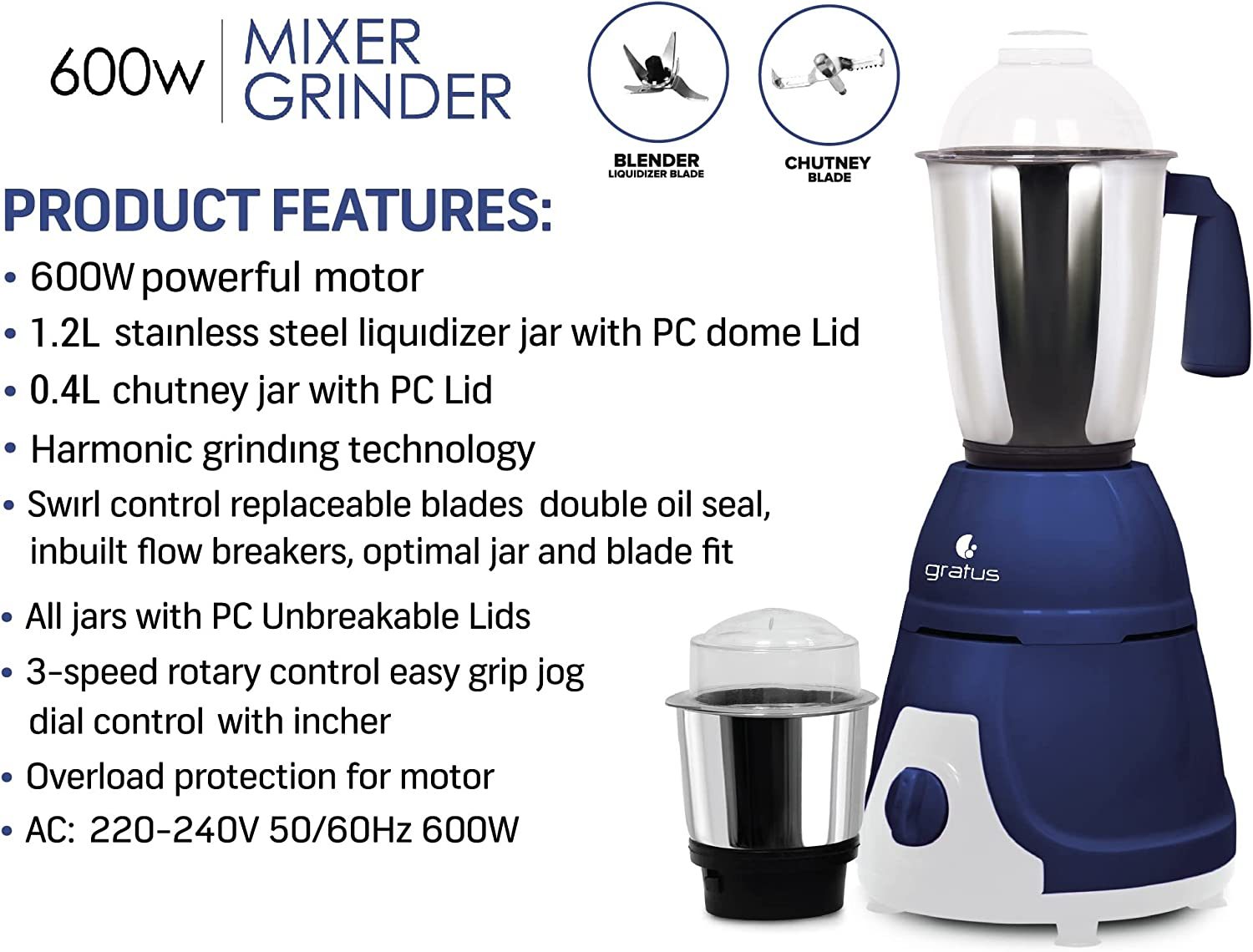 Gratus 600W Mixer Grinder - 2 Jars, Model- GMG6002TI