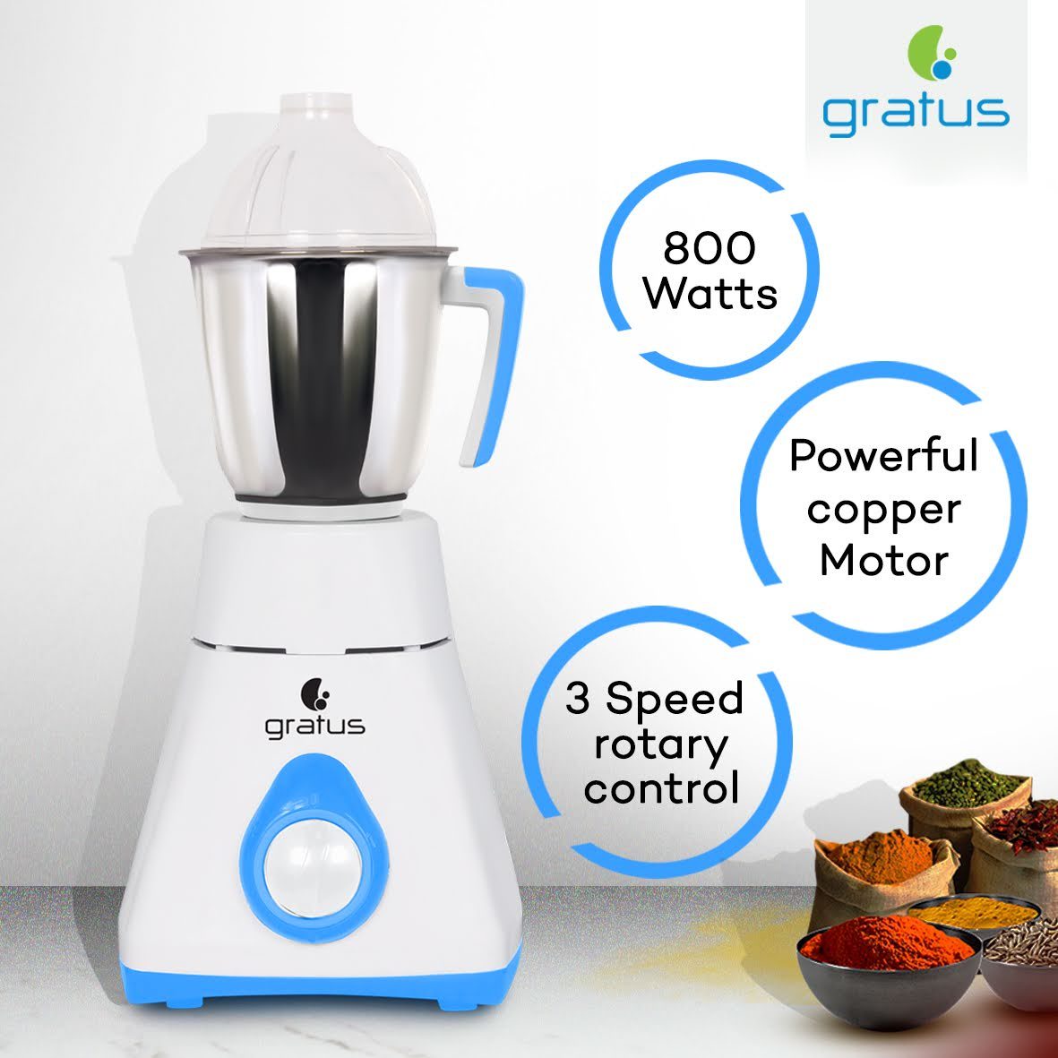 Gratus 800W Juicer Mixer Grinder, Model- GMG8003TI