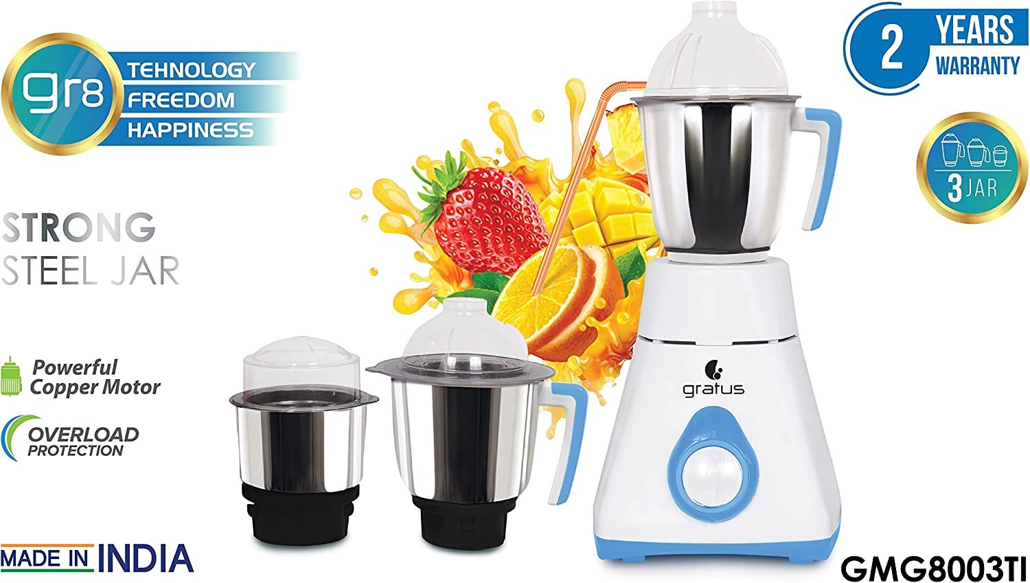 Gratus 800W Juicer Mixer Grinder, Model- GMG8003TI
