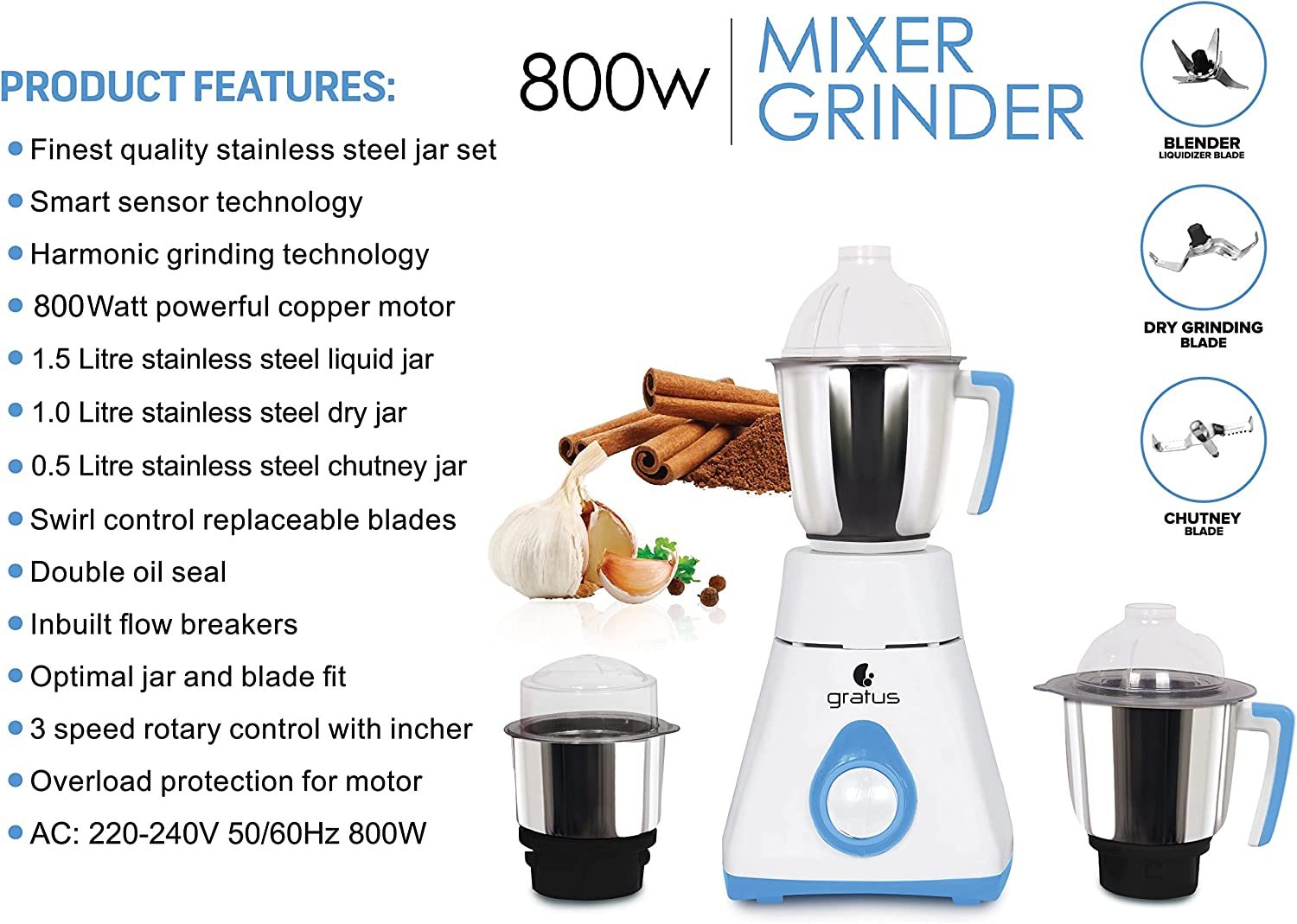Gratus 800W Juicer Mixer Grinder, Model- GMG8003TI