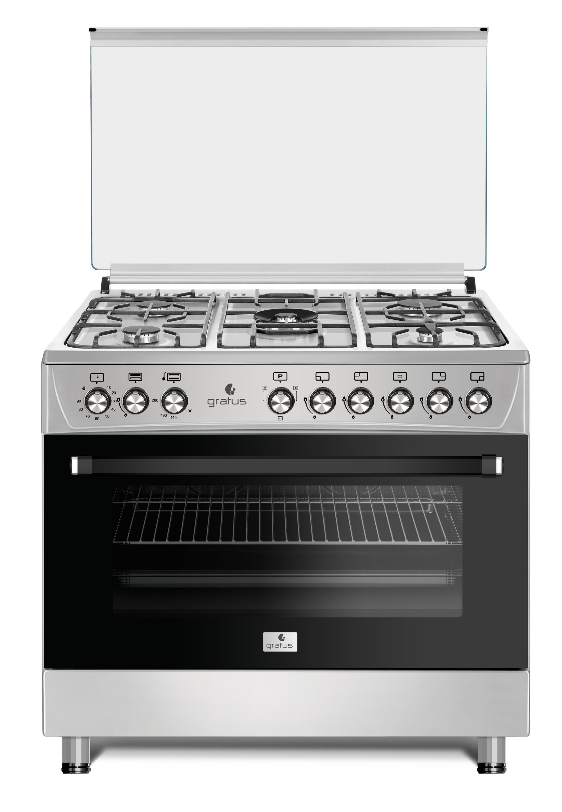 Gratus 90 X 60 cm Free Standing Full Safety Cooker (Matt SS), Made in Turkey, Top 5 Gas Pool Burners, Internal Cooling Fan System, Cast Iron, 1 year warranty, Model- GGR952FSS2