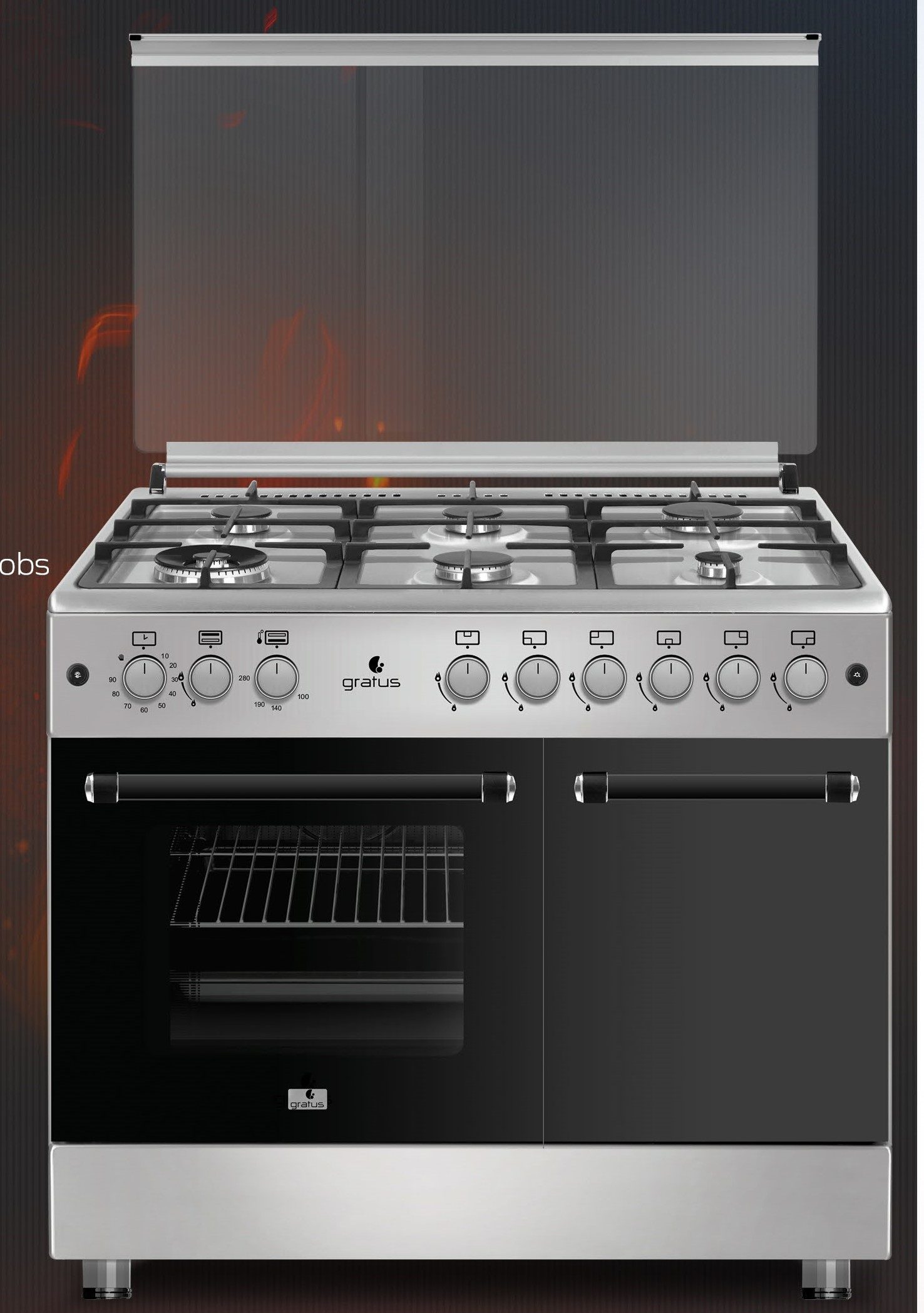 Gratus 90 X 60 cm Free Standing Full Safety Cooker, Made in Turkey, Top 6 Gas Pool Burners, Internal Cooling Fan System, Cast Iron, 1-year warranty, Model- GGR961FRTX