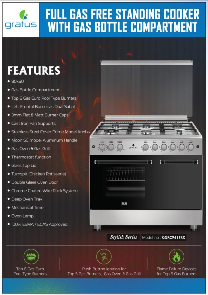 Gratus 90 X 60 cm Free Standing Full Safety Cooker, Made in Turkey, Top 6 Gas Pool Burners, Internal Cooling Fan System, Cast Iron, 1-year warranty, Model- GGR961FRTX