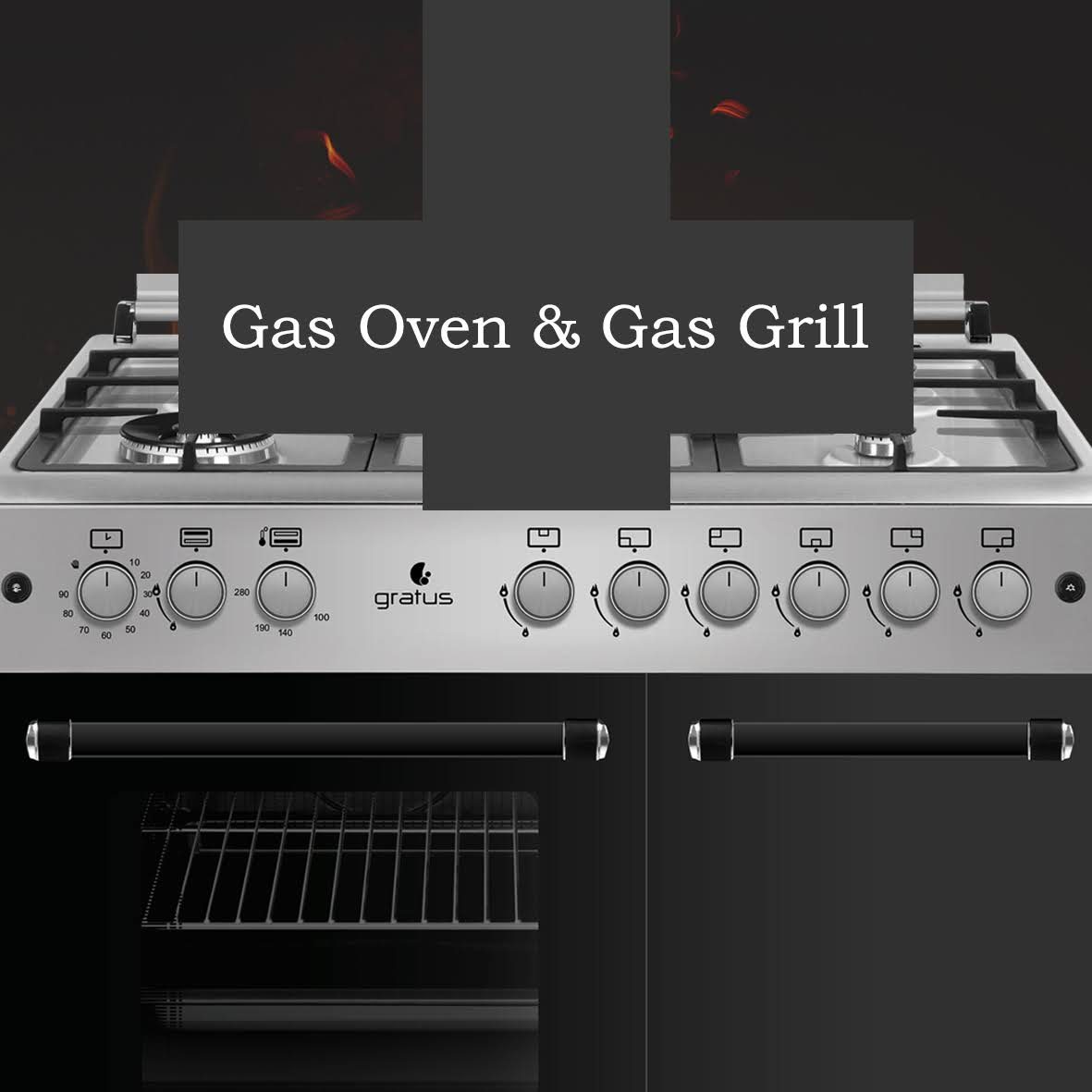 Gratus 90 X 60 cm Free Standing Full Safety Cooker, Made in Turkey, Top 6 Gas Pool Burners, Internal Cooling Fan System, Cast Iron, 1-year warranty, Model- GGR961FRTX