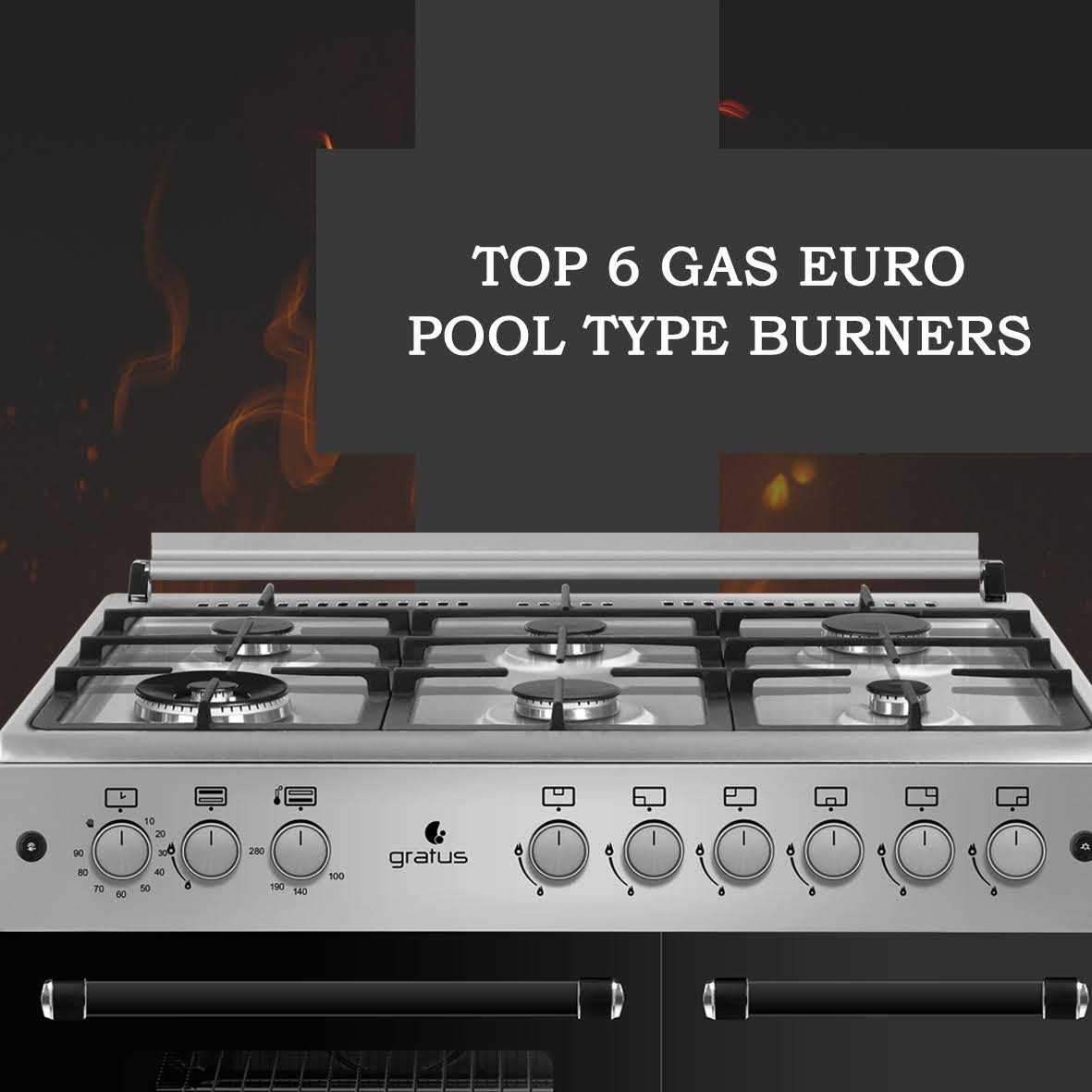 Gratus 90 X 60 cm Free Standing Full Safety Cooker, Made in Turkey, Top 6 Gas Pool Burners, Internal Cooling Fan System, Cast Iron, 1-year warranty, Model- GGR961FRTX