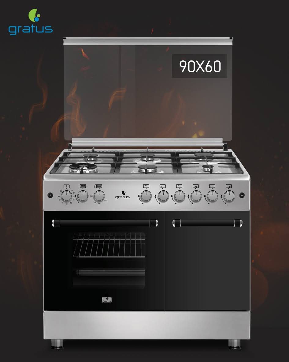 Gratus 90 X 60 cm Free Standing Full Safety Cooker, Made in Turkey, Top 6 Gas Pool Burners, Internal Cooling Fan System, Cast Iron, 1-year warranty, Model- GGR961FRTX