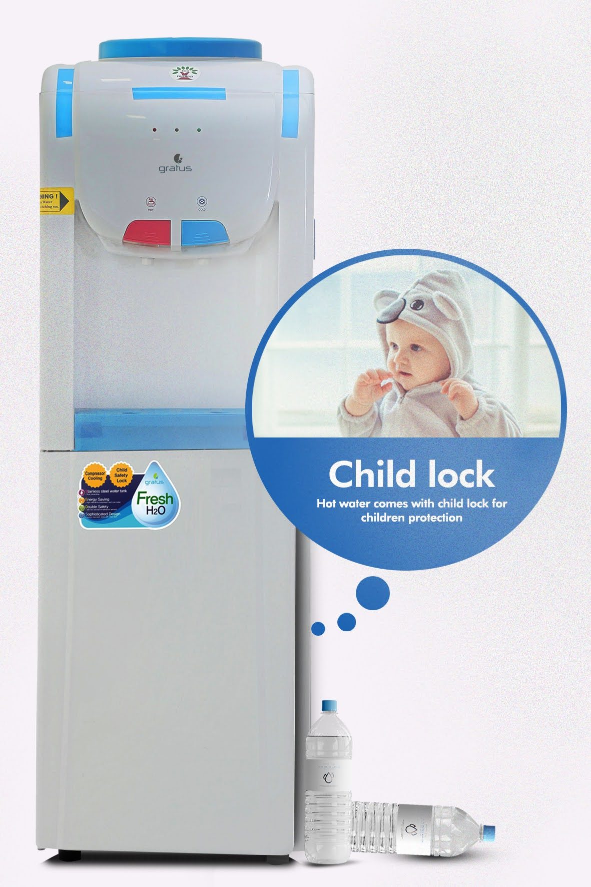Gratus Top Loading Floor Standing Hot & Cold Water Dispenser with Refrigerator | 2 Tap | 1-Year Full & 2-Year Compressor Warranty | GWD500VIFSW