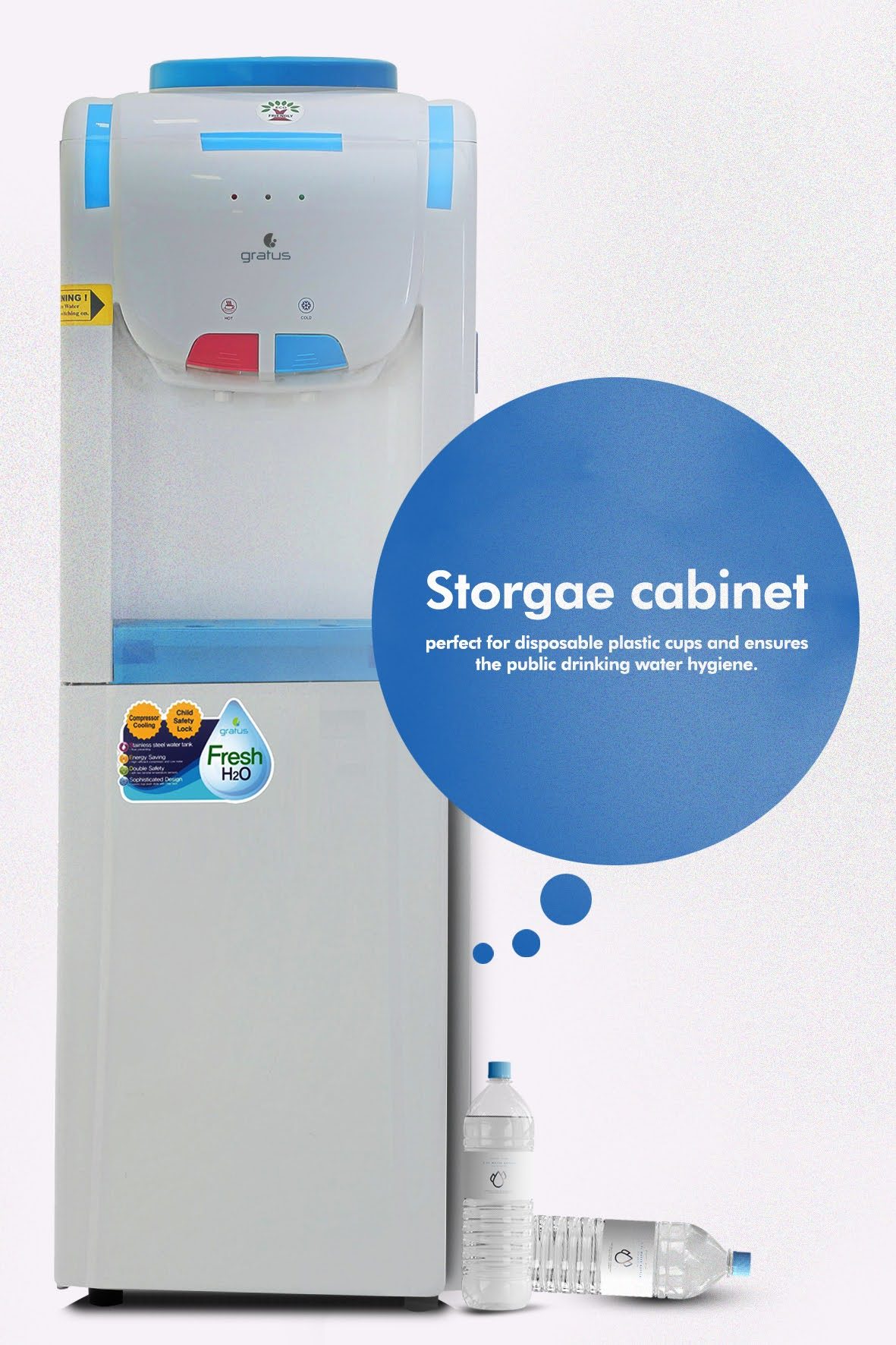 Gratus Top Loading Floor Standing Hot & Cold Water Dispenser with Refrigerator | 2 Tap | 1-Year Full & 2-Year Compressor Warranty | GWD500VIFSW