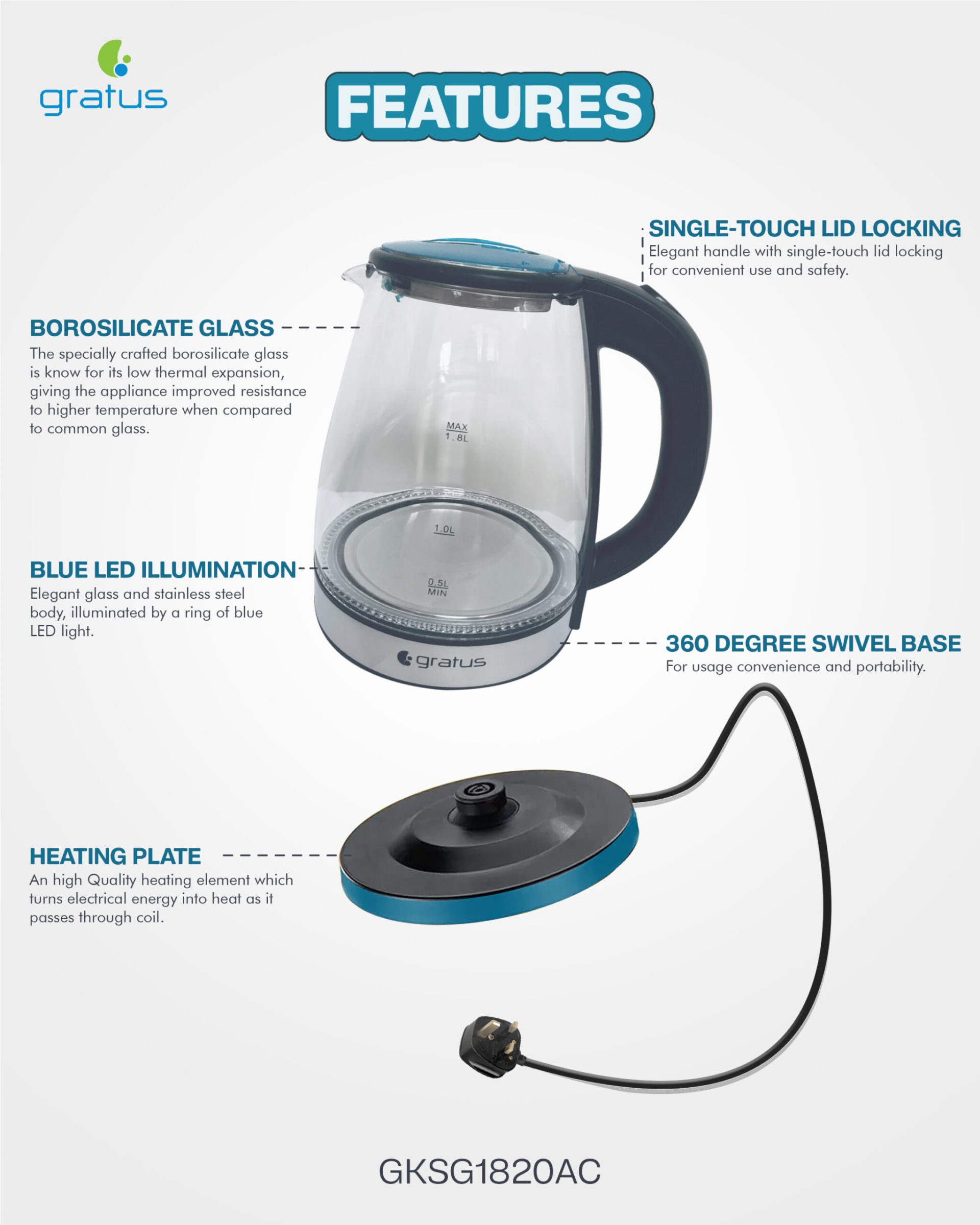 Glass Electric Glass Kettle, Model- GKSG1820AC