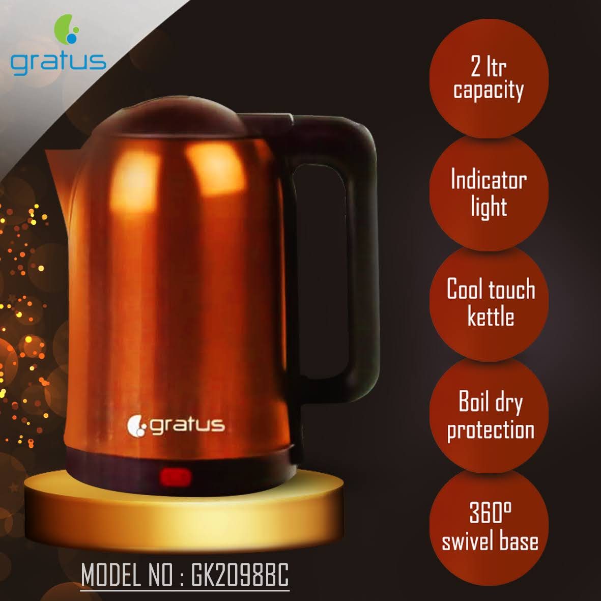 Gratus Copper coated Stainless-Steel Electric Kettle 2L, 360-degree Cordless Power Base, Model- GLK2098BC
