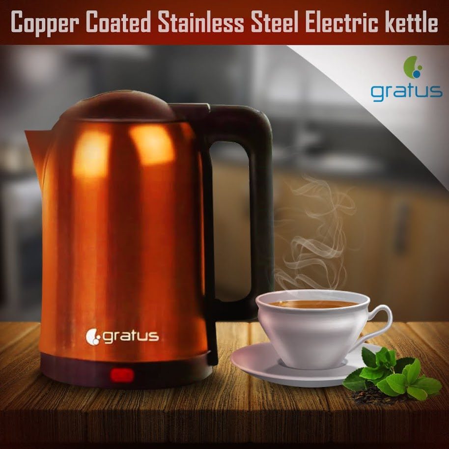 Gratus Copper coated Stainless-Steel Electric Kettle 2L, 360-degree Cordless Power Base, Model- GLK2098BC