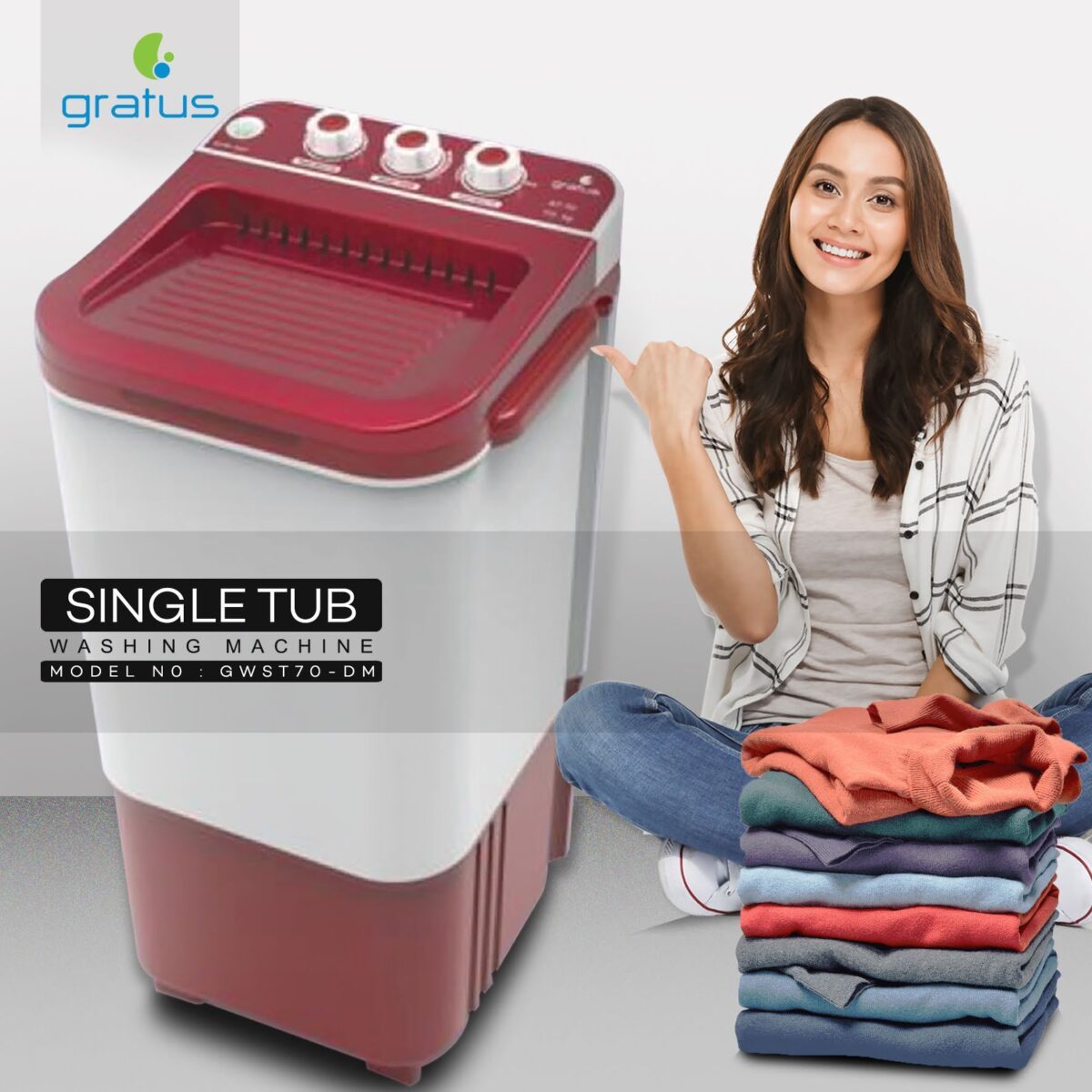 Gratus 7Kg Single Tub Washer (Dark Maroon), Model- GWST70-DM