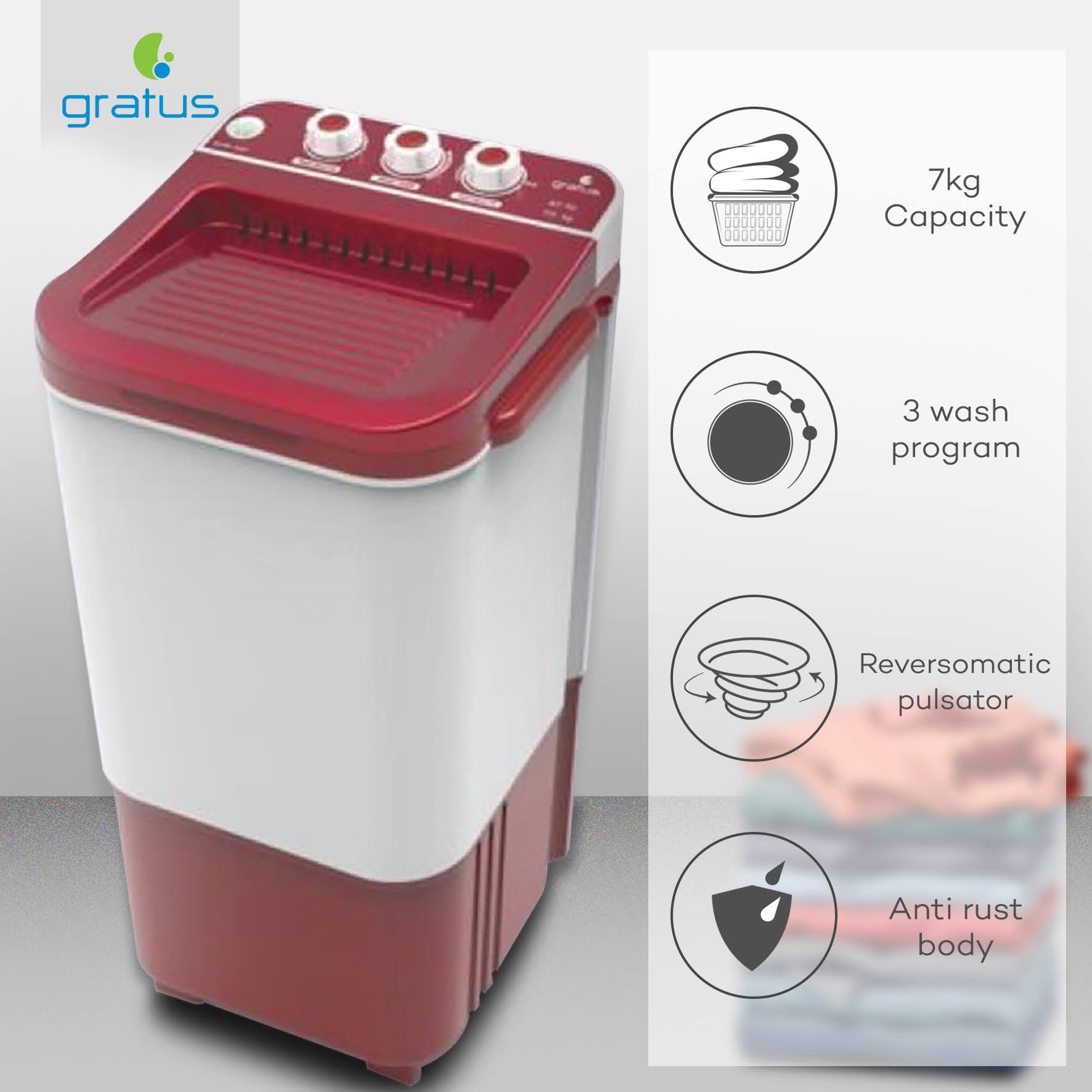 Gratus 7Kg Single Tub Washer (Dark Maroon), Model- GWST70-DM