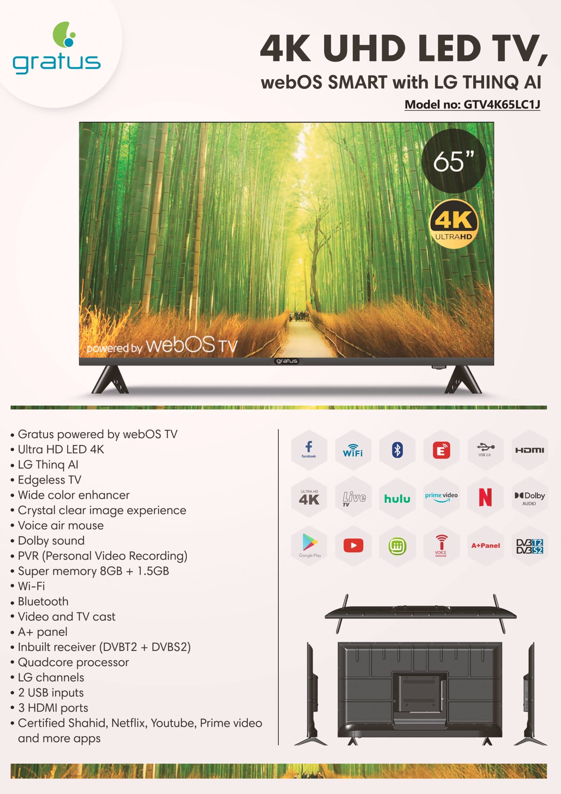 Gratus WebOS powered 4K Edgeless UHD 65"LED SMART TV with ThinQ AI, Quad Core Processor, Dolby Audio, Model- GTV4K65LCIJ
