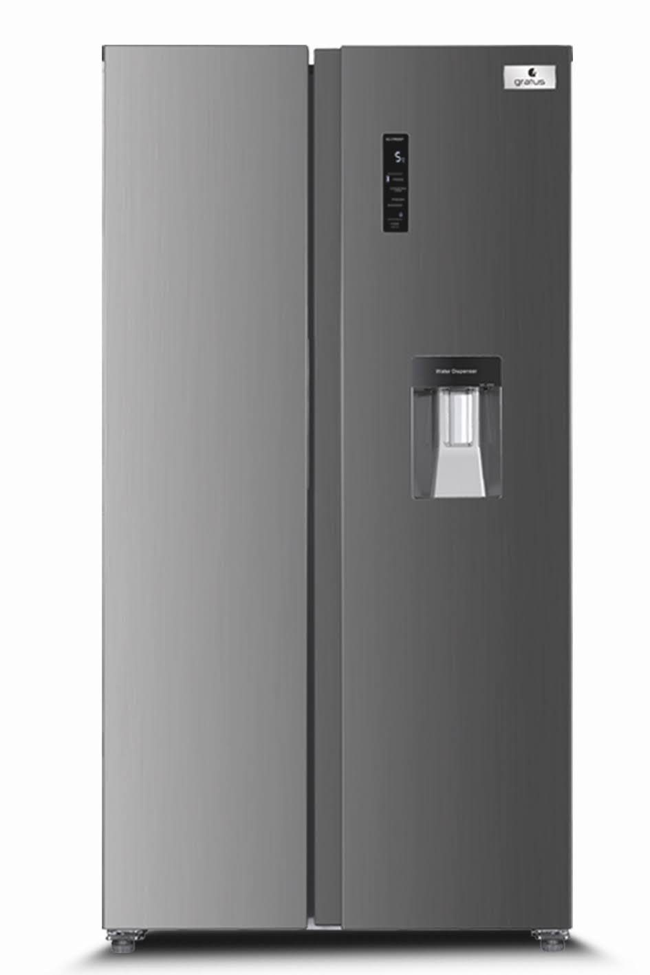 Gratus Side by Side Double Door Refrigerator, Total No Frost Fridge & Freezer with Inbuilt Water Dispenser, Eco Inverter, Electronic control with on door LED Display, Model- GRFSBS