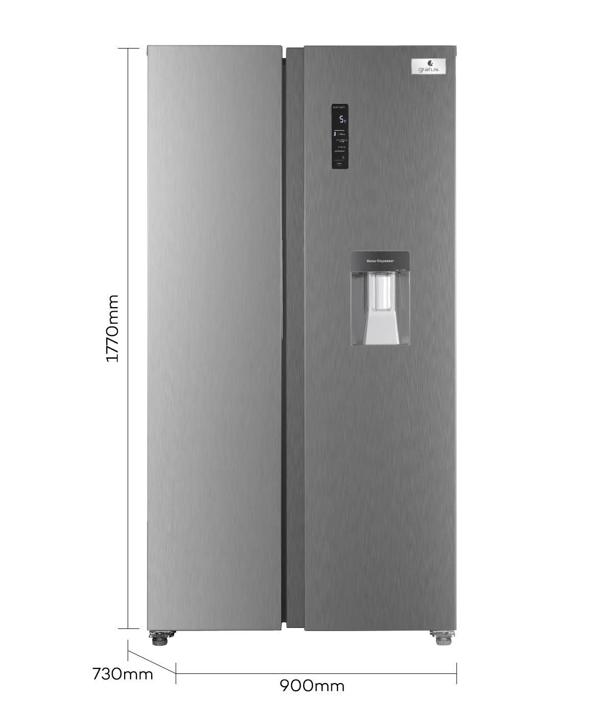 Gratus Side by Side Double Door Refrigerator, Total No Frost Fridge & Freezer with Inbuilt Water Dispenser, Eco Inverter, Electronic control with on door LED Display, Model- GRFSBS