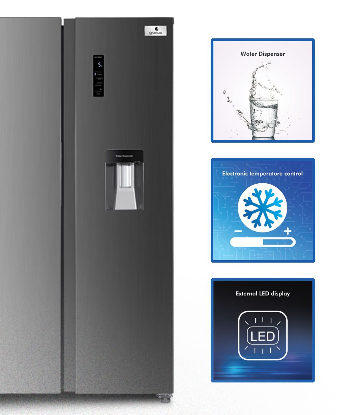 Gratus Side by Side Double Door Refrigerator, Total No Frost Fridge & Freezer with Inbuilt Water Dispenser, Eco Inverter, Electronic control with on door LED Display, Model- GRFSBS