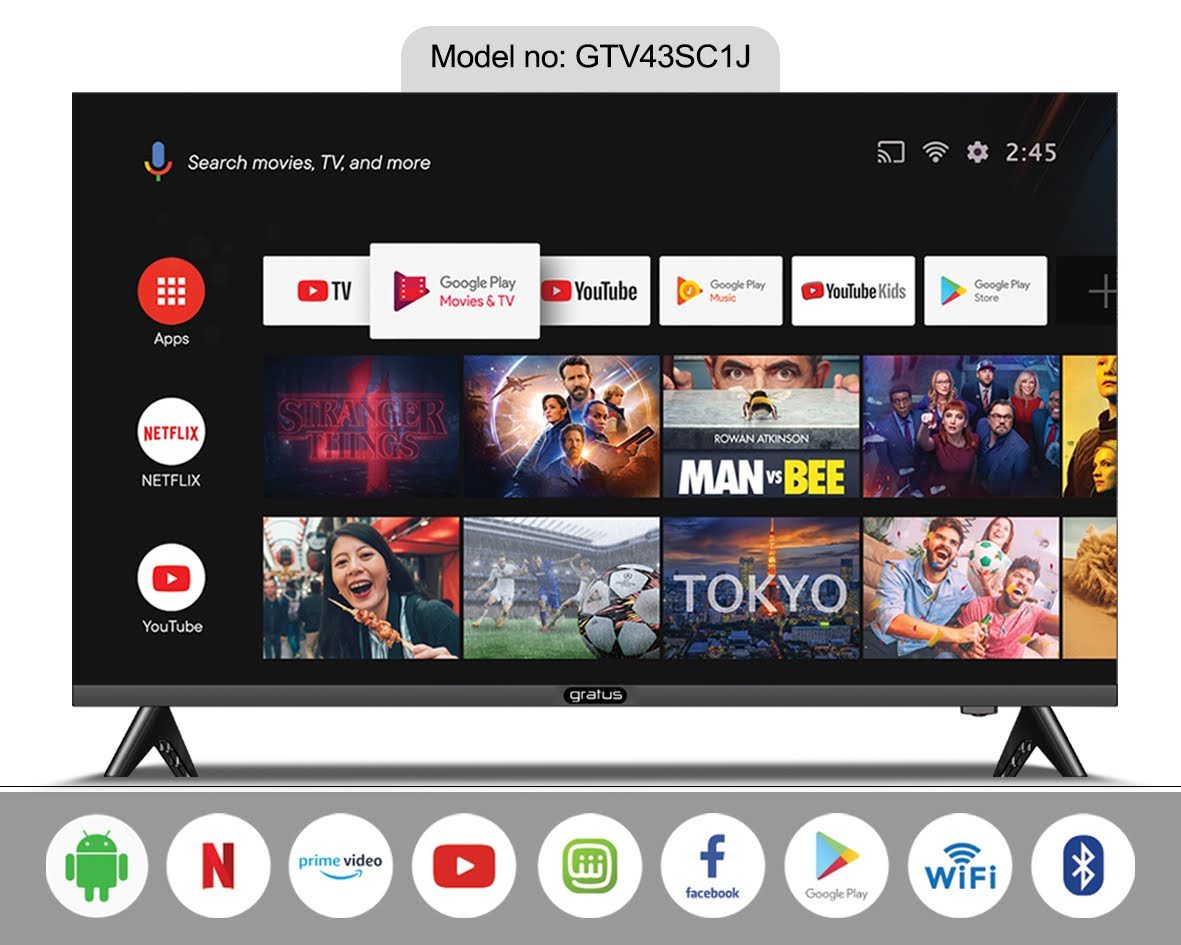 Gratus 43" Full HD Smart TV, Smart With T2 /s2 (receiver Inbuilt), Android 11, Color Box, E-share, YouTube, Netflix, FaceBook, A+ Panel, Model- GTV43SCIJ