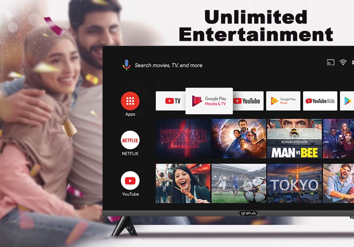 Gratus 40" HD LED Smart TV, Android Smart, 2 USB, 2 HDMI, High Resolution, Superior Sound, Model- GASLED40ACDHD