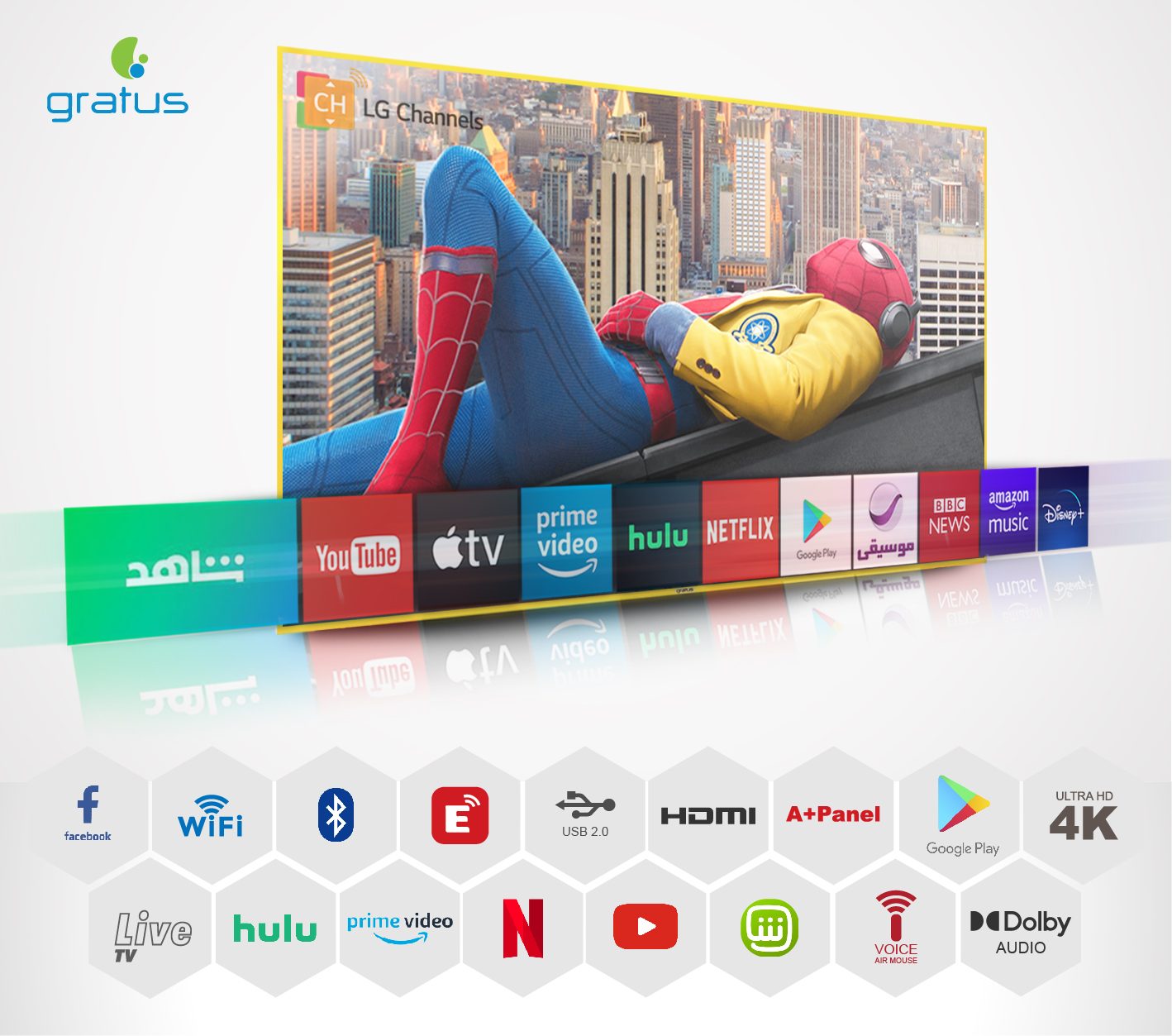 Gratus WebOS powered 4K UHD 75"LED SMART TV with ThinQ AI, Quad Core Processor, Magic Remote, Dolby Audio, Metal Frame, Model- GASULED75ACHD1