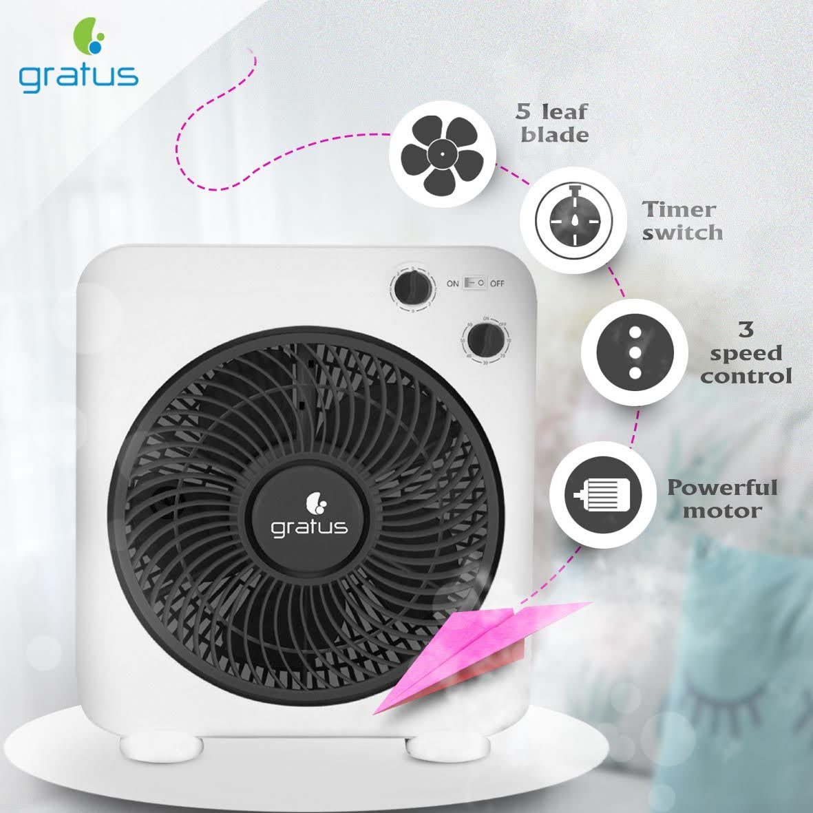 Gratus 12" Electric Box Fan, with 2 years warranty, Model-GRBF12AFTBM