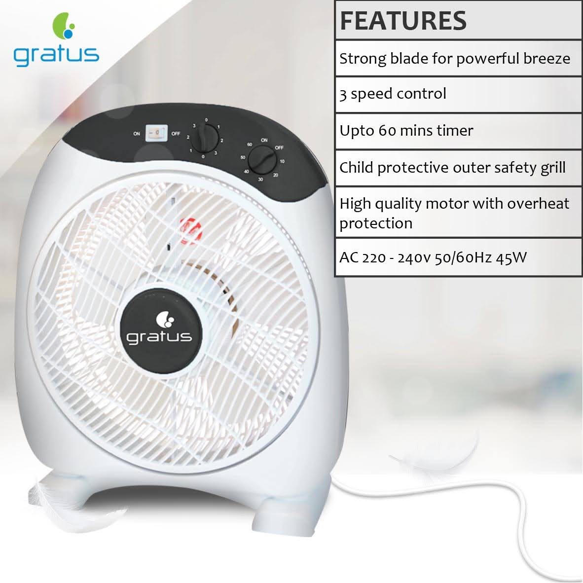 Gratus 12" Electric Box Fan, with 2 years warranty, Model- GRBF12FTBM