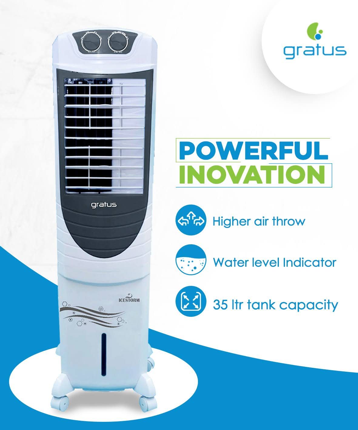 Gratus 35L Icestorm Air Cooler with Four Way Air Deflection, Made in India, Model- ICESTORM35