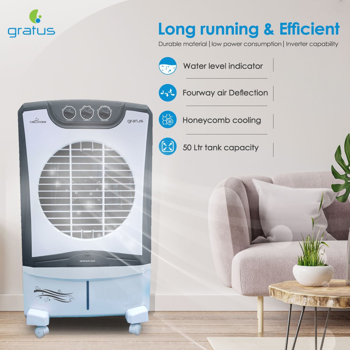 Gratus 35L Chill Storm Desert Air Cooler with Four Way Air Deflection, Made in India, Model- CHILLSTORM35