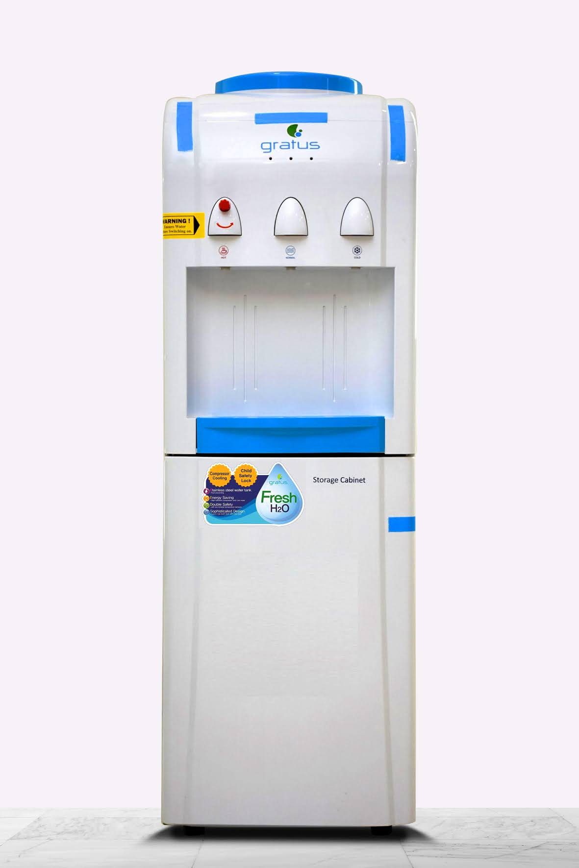 Gratus Hot & Cold 3 Tap Water Dispenser With Storage Cabinet White, 1 Year Full & 2 Year Compressor Warranty, Model: GWD503VIFCW